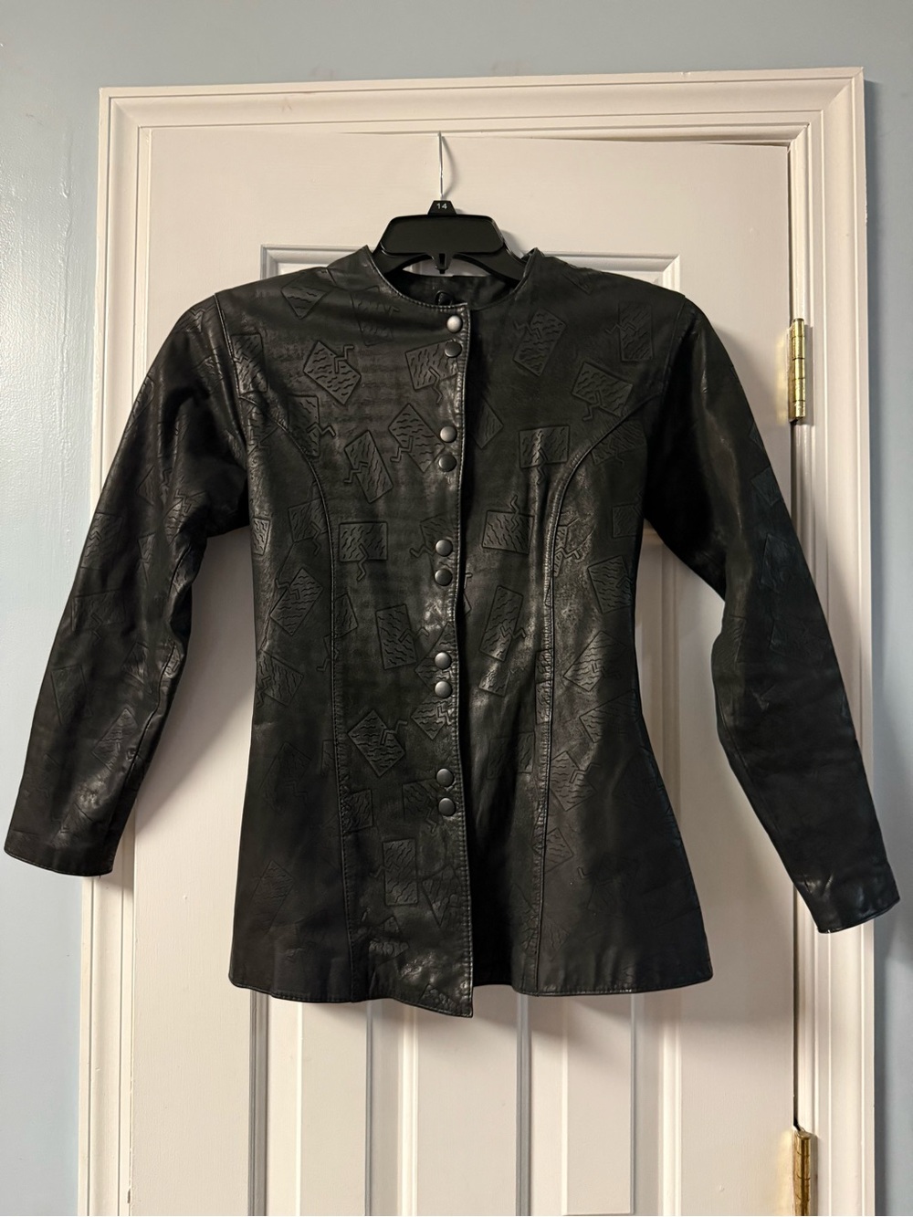 Vintage Wilsons Genuine Leather Embossed Geometric Jacket Black Small 80s 90s
